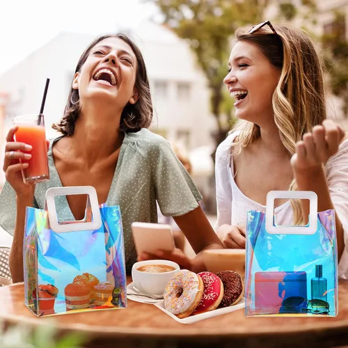 Vista 2 de Boao 8 bolsas de regalo reutilizables, de 10 x 11 x 5.5 pulgadas, bolsas grandes transparentes de PVC con asa para mujeres, niñas, fiestas