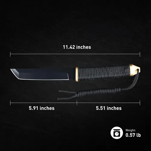 Vista 2 de Leopcito Cuchillos tácticos japoneses de hoja fija de 11.5 pulgadas con funda, acero inoxidable negro supervivencia caza bushcraft cuchillo tanto