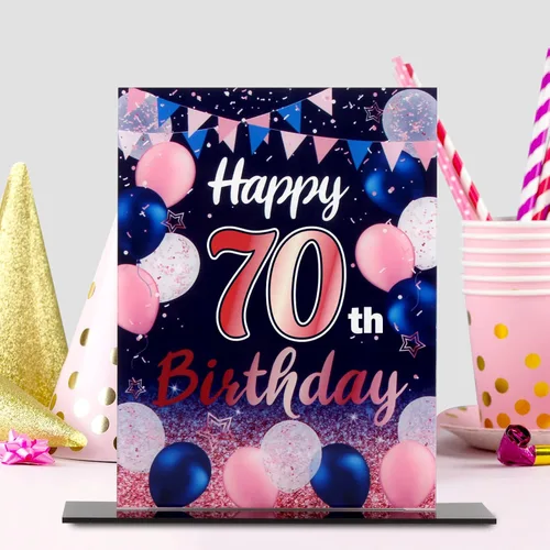 Vista 43 de LINGTEER Decoraciones de feliz cumpleaños número 11, 2 piezas de soporte de acrílico con impresión de pie rosa y azul, tablero de telón de fondo