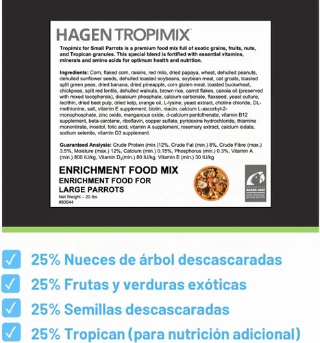 Vista 2 de Hari Hagen Tropimix - Alimento enriquecedor para loros pequeños, 20 libras (20.0 lbs) - HARI Alimento para loros pequeños con semillas, frutas