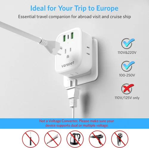 Vista 4 de [Paquete de 2] Adaptador de enchufe de viaje europeo, adaptador de enchufe internacional con USB C de 20 W, 4 tomas de corriente, 3 puertos de carga