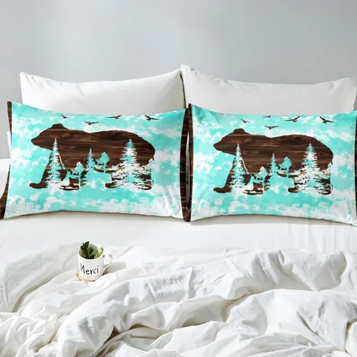 Vista 4 de Juego de funda de edredón de oso para niños, juego de ropa de cama de animales salvajes para niños, naturaleza, vida silvestre, oso, pájaro, juego