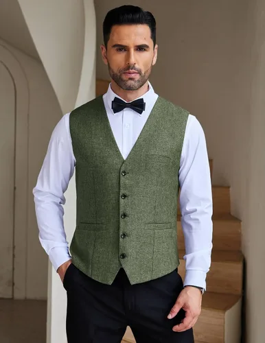 Vista 2 de COOFANDY Chaleco de traje casual para hombre, chaleco formal ajustado para negocios, chaleco de deshierbe