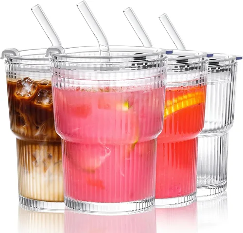 Vista 9 de Juego de 2 vasos de vidrio acanalado con tapas y pajitas de 13 onzas 2 unidades transparentes de 13 onzas