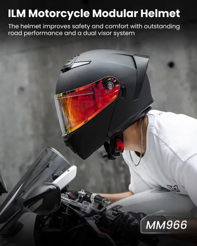 Vista 2 de ILM Casco modular de motocicleta para adultos, de cara completa, abatible, con doble visera, Street Bike Racing DOT modelo MM966