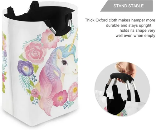 Vista 3 de senya Cesta grande de almacenamiento plegable, organizador para ropa sucia para guardería, juguetes, cabeza de unicornio en flores