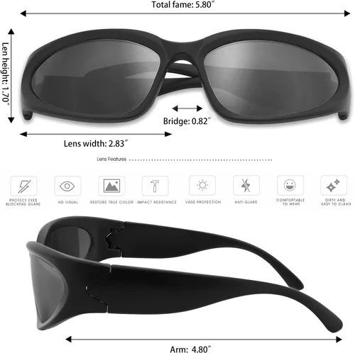 Vista 5 de knliwkm 2 pares de lentes de sol Y2K envolventes deportivos futuristas ovalados para mujeres y hombres, modernos tonos plateados