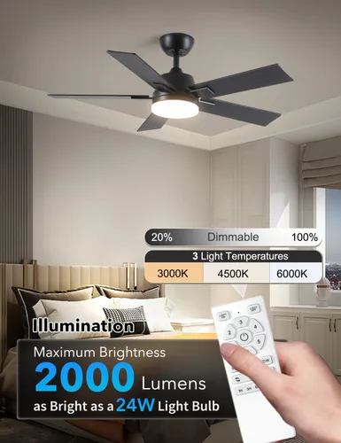 Vista 6 de Ventiladores de techo de 42 pulgadas con luces y control remoto, ventilador de techo negro con 5 aspas, motor DC reversible de 6 velocidades, LED