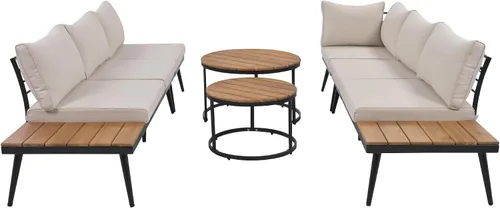 Vista 8 de RUNNA Moderno juego de muebles para exteriores, juego de sofá modular de 6 piezas con mesas de centro redondas anidables y sofá de asiento, juego