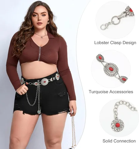 Vista 4 de WHIPPY Cinturón de cadena para mujer, correa de cadena de eslabones de metal, vaquera occidental, turquesa, para vestido