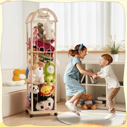 Vista 5 de Organizador grande de almacenamiento de animales de peluche, 61 pulgadas de alto de madera de alta calidad, lindo soporte para juguetes de zoológico