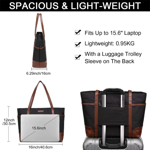 Vista 6 de ChaseChic - Bolsa para laptop para mujer, impermeable, clásica, para profesores, de 15.6 pulgadas, con correa de equipaje Negro y marrón: 15.6