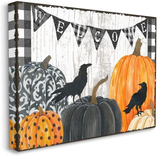 Vista 9 de Stupell Industries Letrero de bienvenida de Halloween, diseño de calabaza, diseñado por Andrea Tachiera, arte de pared, 11 x 14, marco negro