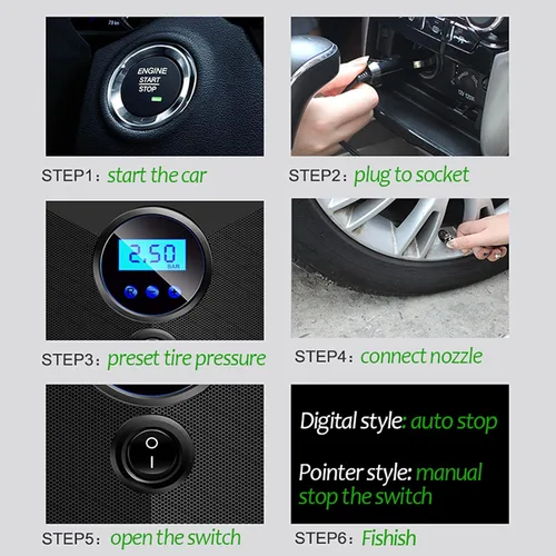 Vista 6 de Compresor de aire para inflar neumáticos con pantalla digital, inflador de neumáticos portátil de 120 W con luces LED, cable de alimentación de 9.2