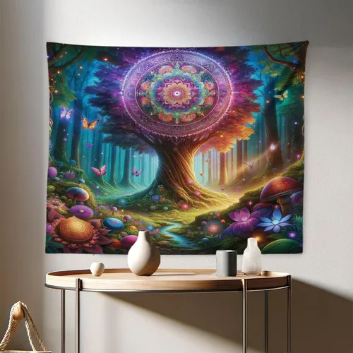 Vista 102 de Ambesonne Tapiz verde, fases lunares alrededor de un árbol de la vida, impresión de diseño bohemio de astrología nocturna, decoración de tela