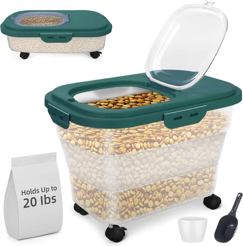 Vista 11 de Contenedor de comida para perros, contenedor plegable de almacenamiento de alimentos para mascotas de 17 a 20 libras con ruedas giratorias y tapa