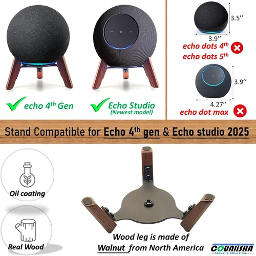 Vista 4 de Soporte de madera real para Echo Studio (nuevo modelo) 2025, Echo (4ª generación), altavoz casero, soporte de trípode de escritorio protege Alexa