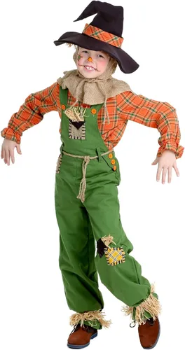 Vista 2 de Classic Scarecrow Costume for Kids, Boy's Green Overalls with Plaid Orange Shirt and Matching Hat