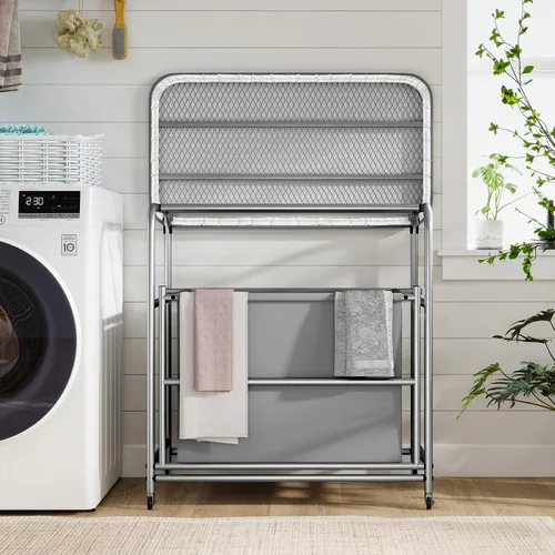 Vista 8 de COSTWAY Cesta de lavandería con tabla de planchar, carrito de lavandería con 3 secciones inclinables con 3 bolsas extraíbles separadas, ruedas