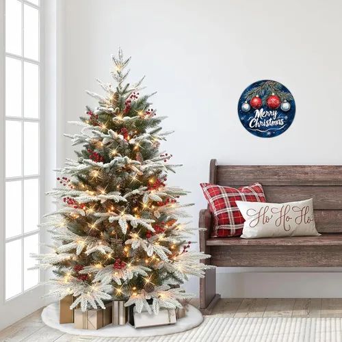 Vista 4 de Letrero redondo de metal rústico para decoración de pared, placa de decoración de pared con texto en inglés "Merry Christmas" azul y plateado