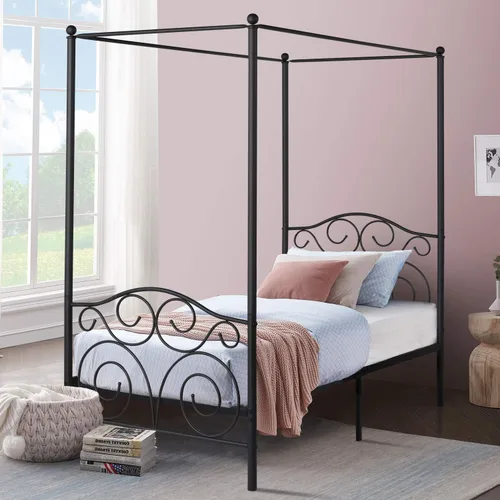 Vista 27 de VECELO Base de cama con dosel de metal, tamaño individual, base de colchón con plataforma de 4 pósteres con cabecero, soporte de listones de acero
