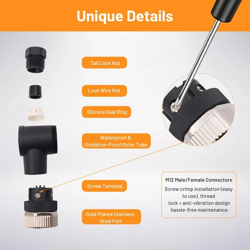 Vista 2 de Elecbee M12 4-Pin A-Coded Hembra Conector de la prenda impermeable IP67 de la terminación de la junta de tornillo de ángulo recto no blindado