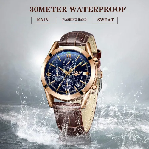 Vista 5 de LIGE Reloj analógico de cuero para hombre, reloj de pulsera de cuarzo, para citas, negocios, casual, impermeable, reloj deportivo, color negro