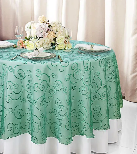 Vista 8 de Manteles de organza bordados redondos de 90 pulgadas, manteles de organza para bodas, fiestas, banquetes, eventos, color verde manzana