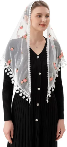 Vista 3 de PAMOR Pañuelo bordado, diseño de triángulo, con diseño de flores, para cubrir la cabeza, para iglesia
