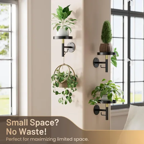 Vista 2 de YUOROS Paquete de 3 Soportes de Plantas de Pared, Macetas de Pared para Plantas de Interior, Estanterías Colgantes para Plantas de Ventana, Negro