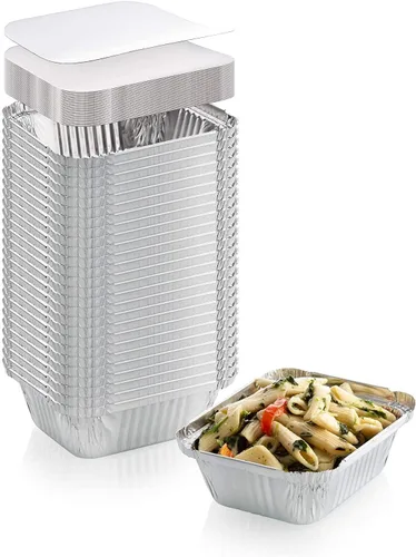 Vista 8 de Zuvo Contenedores grandes desechables de papel de aluminio con tapas de papel 25x25x4 cm, recipientes para llevar, buenos para hornear, asar