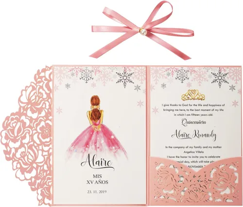 Vista 10 de 50 unidades de invitación de boda personalizadas burdeos con sobres, corte láser, bolsillo hueco de flora con invitaciones de cinta