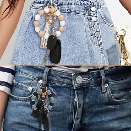 Vista 6 de Llavero pulsera elástica de silicona con cuentas de moda brazalete para llaves de coche para mujeres y hombres