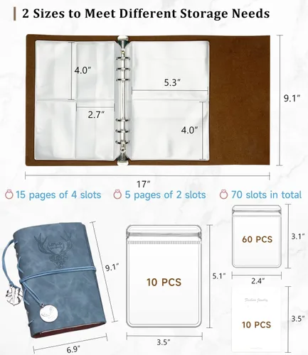 Vista 8 de Libro de almacenamiento de joyas, organizador de joyas de viaje de piel sintética con bolsillos anticaídas, folleto portátil para aretes con bolsas