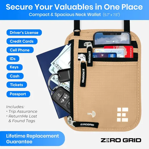 Vista 2 de Cartera para el cuello para viajes y pasaporte con bloqueo RFID, delgada y fácil de ocultar, bolsa de viaje de nailon para hombres y mujeres