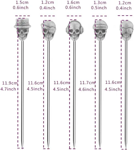 Vista 2 de 5 palillos de cóctel de acero inoxidable con diseño de calavera, púas de martini, reutilizables, color plateado antiguo