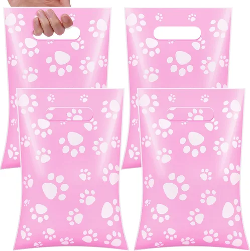 Vista 17 de Pasimy 100 bolsas de regalo de pata de perro a granel, diseño de pata de mascota, bolsas de plástico con asa para decoración de fiesta de cumpleaños