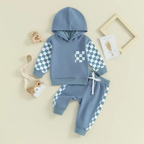 Vista 3 de LIOMENGZI Conjunto de pantalones para bebés y niños, sudadera larga con capucha y bloques de color, conjunto de ropa para otoño e invierno
