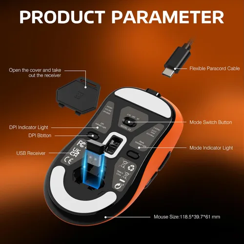 Vista 9 de ATTACK SHARK X3 Mouse Inalámbrico para Juegos, Mouse Ergonómico para Computadora de 1.73 oz, Triple Modo Sensor Óptico PAW3395 de 26K DPI, Duración