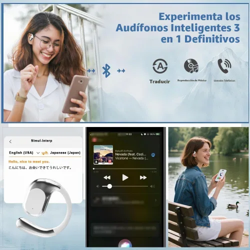 Vista 4 de Auriculares de traducción AI en tiempo real, 144 idiomas 3 en 1, auriculares inalámbricos Bluetooth para iOS y Android, para Blanco