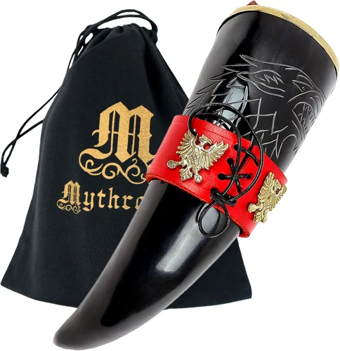 Vista 17 de Mythrojan Cuerno vikingo para beber 100% natural, auténtico, decoración de latón, cuerno nórdico con funda de cuero negro, bolsa de lona para vino