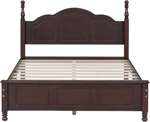 Vista 4 de Marco de cama de madera de pino de estilo retro con cabecero, no necesita caja de resortes, nogal oscuro