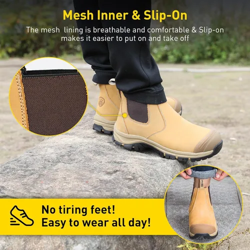 Vista 6 de OUXX Botas de trabajo Chelsea con punta de acero para hombre, botas de seguridad sin cordones, cuero impermeable, suela antideslizante, entresuela