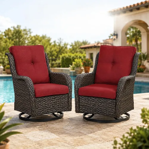 Vista 102 de HUMMUH Juego de 2 Sillas Giratorias Mecedoras de Mimbre para Patio Exterior, Juego de Muebles de Sillas Mecedoras de Ratán (Marrón, Azul) 50,000