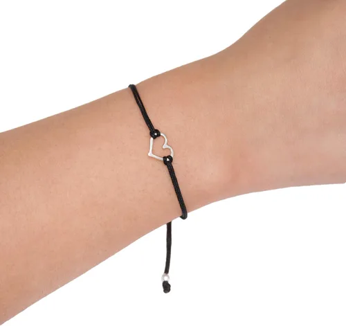 Vista 4 de Pulsera negra de la amistad para mujer, pequeña plata de ley 925 con dije en forma de corazón abierto, hilo ajustable de cordón ajustable, hecho a