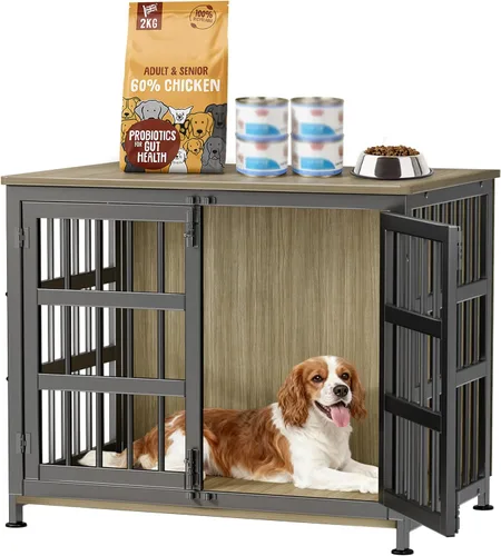 Vista 9 de Jaula para perros de 26 pulgadas, jaulas para perros de razas grandes, jaulas para perros interiores de madera, mesa auxiliar, jaula combinada