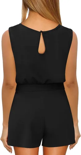 Vista 2 de Vetinee - Mameluco de verano con cinturón para mujer, manga corta, con abertura en la espalda
