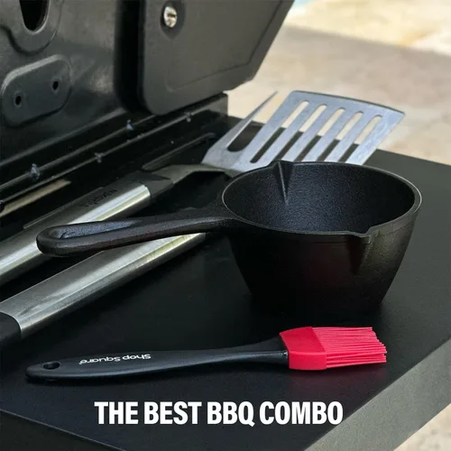 Vista 3 de Pequeña olla de hierro fundido con cepillo de silicona para barbacoa, cacerola de hierro fundido para asar, ahumar, olla de fusión de mantequilla