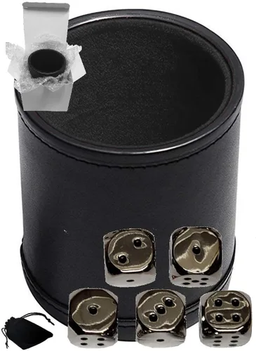Vista 9 de Cyber-Deals Juego de dados de piel sintética negra con forro de fieltro negro de felpa + dados de metal de aleación de zinc de 0.630 pulgadas, caja