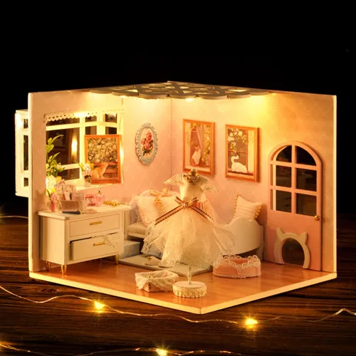 Vista 2 de Roroom Kit de casa de muñecas en miniatura y muebles, modelo de casa de muñecas de madera 3D con cubierta a prueba de polvo y LED, idea creativa